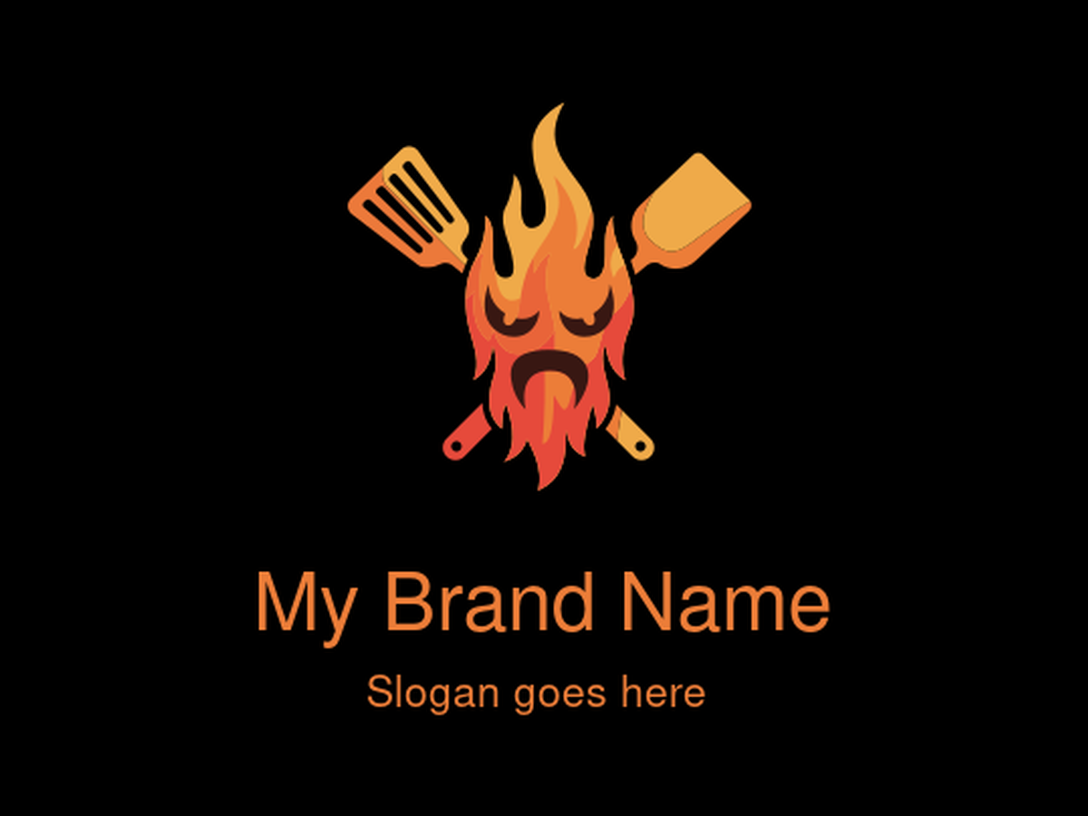 Orange Fiery Face with Crossed Spatulas Logo Design for Bold BBQ and Spicy Food Brands